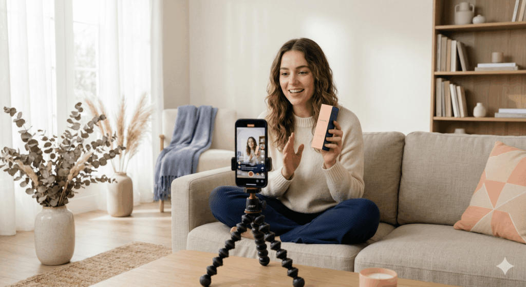 Creadora de contenido grabando una reseña de producto en casa con el móvil, ejemplo de publicidad nativa