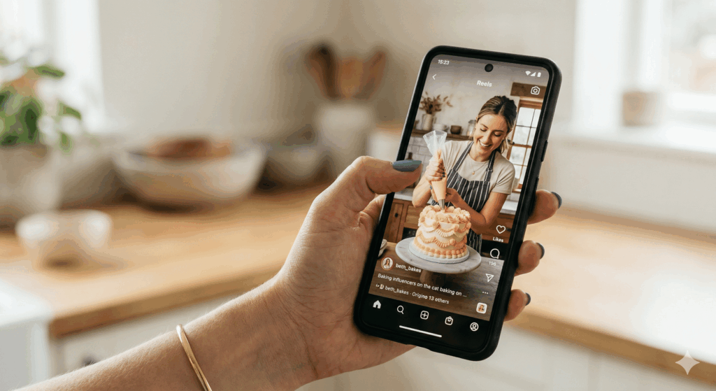 Persona viendo un vídeo de repostería en redes sociales en un móvil, ejemplo de contenido nativo en marketing digital