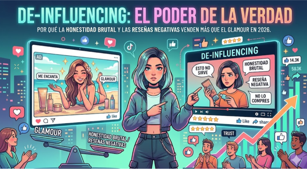 Ilustración sobre de-influencing, reseñas negativas y honestidad brutal en marketing digital en 2026.