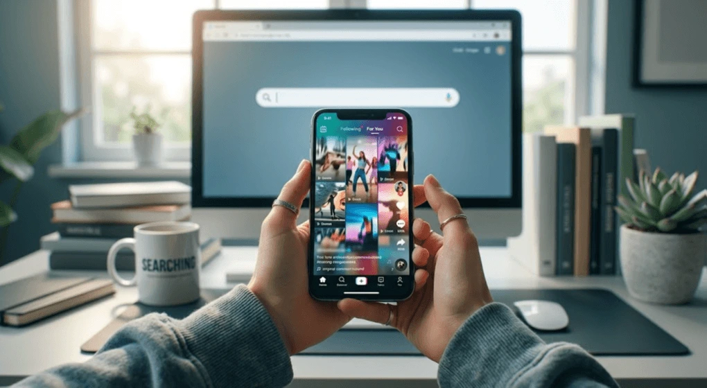 Persona usando TikTok en el móvil frente a un buscador web, representando el cambio del SEO tradicional a la búsqueda social de la Generación Z.